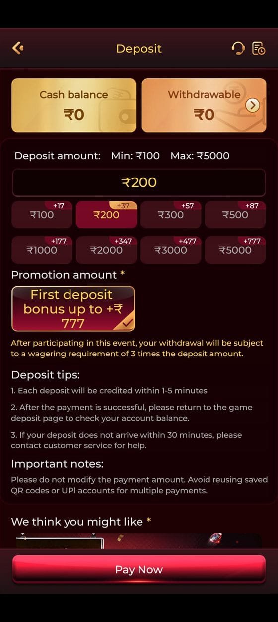 ix7 game app deposit screen with UPI amounts and first deposit bonus